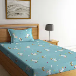 KLOTTHE Blue & White Printed Fitted 300TC Single Bedsheet With 1 Pillow Cover-22