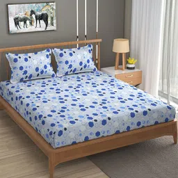 Florida Blue & White Geometric 120 TC Flat Cotton Queen Bedsheet with 2 Pillow Covers-image-33