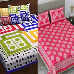 Runjhun White & Pink 2 Pcs Geometric Cotton 180 TC 2 Queen Bedsheet with 4 Pillow Covers-10
