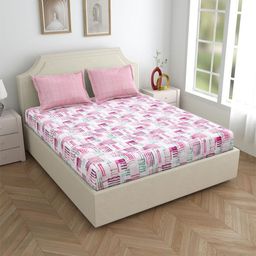 Salona Bichona Pink & White Printed 144 TC Pure Cotton King Bedsheet & 2 Pillow Covers-image-70