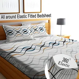 RISING STAR White & Grey Geometric 250 TC Fitted King Bedsheet with 2 Pillow Covers-image-40