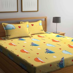 KLOTTHE Kids Yellow & Blue Printed 300TC Fitted King Bedsheet With Pillow Covers-36