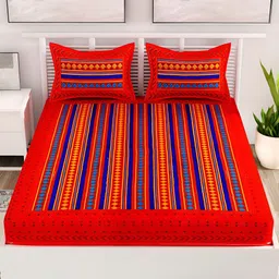Aura Red & Blue Geometric Cotton 120 TC Queen Bedsheet with 2 Pillow Covers-image-30
