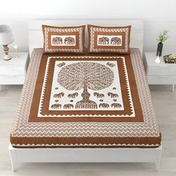 POORAK Brown & White Ethnic Motifs 104 TC Cotton Queen Bedsheet Set-image-11