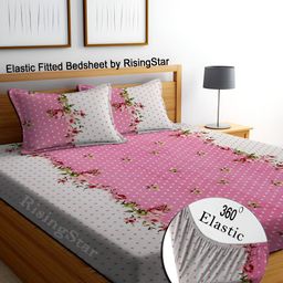 RISING STAR Pink & White Floral Cotton 250 TC Fitted King Bedsheet With 2 Pillow Covers-8