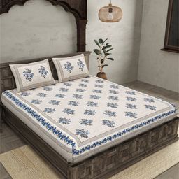 JAIPUR FABRIC Blue & Beige 240 TC Floral Cotton Queen Bedsheet With 2 Pillow Covers-image-88
