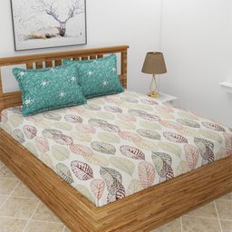MORADO Safron Off White & Green Floral Printed 210 TC King Bedsheet With 2 Pillow Covers-15