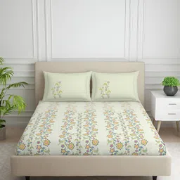 SPACES Green & Pink Floral Cotton 144 TC King Bedsheet with 2 Pillow Covers-image-30