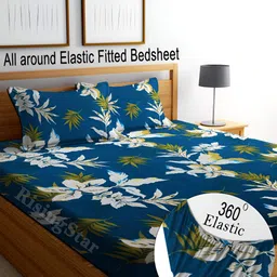 RISING STAR Blue & Green Floral 250 TC Fitted King Bedsheet with 2 Pillow Covers-9