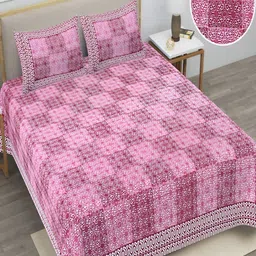 Runjhun Maroon & White  Ethnic Motifs Cotton 144 TC Queen Bedsheet with 2 Pillow Covers-24