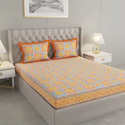 PATRICKO Orange & White Floral Cotton 330 TC King Bedsheet with 2 Pillow Covers-16