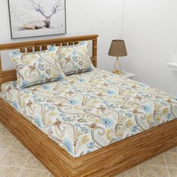 MORADO Off White & Blue Floral Cotton 210 TC Queen Bedsheet With 2 Pillow Covers-image-96