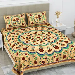 POORAK Maroon & Yellow Floral Cotton 104 TC Queen Bedsheet With 2 Pillow Covers-picture-27