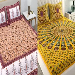 Runjhun Yellow & Brown 2 Pcs Floral Cotton 180 TC 2 Queen Bedsheet with 4 Pillow Covers-15