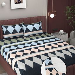 BELVOSTUM Blue & Pink Geometric 210 TC Cotton Fitted King Bedsheet with 2 Pillow Covers-image-95