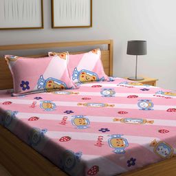 KLOTTHE Kids Pink & Blue Printed 300TC Fitted King Bedsheet With 2 Pillow Covers-image-55