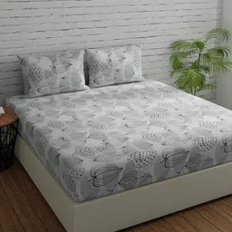 Huesland Comfort White & Grey Printed 144 TC Cotton Queen Bedsheet with 2 Pillow Covers-image-63