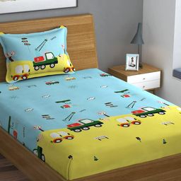 Home Sizzler Blue & Green Cartoon Characters Microfibre 144TC Single Bedsheet & 1 Pillow Cover-image-65