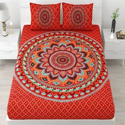 Runjhun Red & Brown Floral Cotton King Bedsheet with 2 Pillow Covers-18