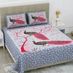 POORAK Blue & White Ethnic Motifs Cotton 104 TC Queen Bedsheet With 2 Pillow Covers-image-54