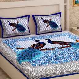 POORAK Blue & White Ethnic Motifs Cotton 104 TC Queen Bedsheet With 2 Pillow Covers-image-76
