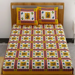 Aura Yellow & White Ethnic Motifs Cotton 120 TC Queen Double Bedsheet With 2 Pillow Covers-image-96