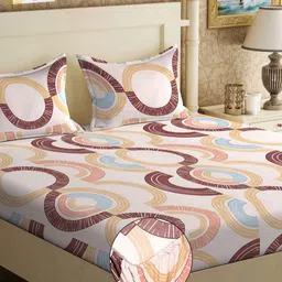 KLOTTHE Beige & Blue Geometric 300 TC Fitted Double King Bedsheet With 2 Pillow Covers-picture-7