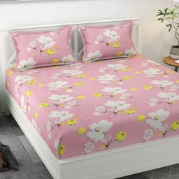 Bajo's Pink & White Printed Cotton 250 TC Fitted Queen Bedsheet With 2 Pillow Covers-image-22