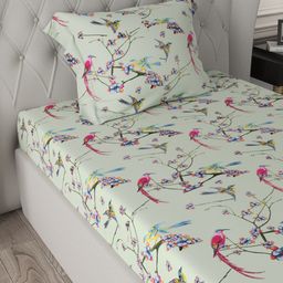 URBAN SPACE Serene Green & Pink Floral 200 TC Pure Cotton Single Bedsheet & Pillow Cover-picture-2