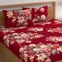 CG HOMES Red & White Floral 160 TC Cotton Fitted Queen Bedsheet with 2 Pillow Covers-image-21