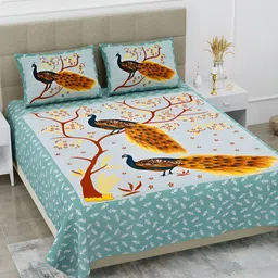 POORAK Green & Orange Ethnic Motifs Cotton 104 TC Queen Bedsheet With 2 Pillow Covers-image-99