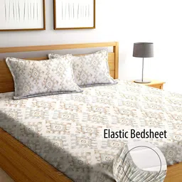 AEROHAVEN Yamuna Off White & Grey Printed 240 TC Fitted Cotton King Bedsheet Set-52