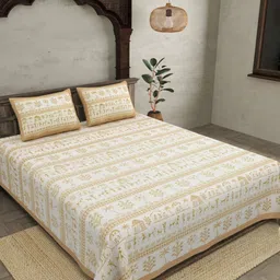 JAIPUR FABRIC Beige & White Ethnic Motifs Cotton 300 TC King Bedsheet with 2 Pillow Covers-10