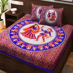 Aura Blue & Red Ethnic Motifs Cotton 120 TC Queen Bedsheet with 2 Pillow Covers-image-101