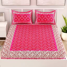 Aura Pink & White Ethnic Motifs Cotton 120 TC Queen Bedsheet with 2 Pillow Covers-image-84