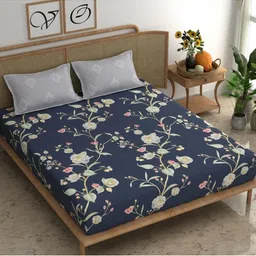 UrbanArts Grey Melange & White Floral King Bedsheet with 2 Pillow Covers-image-52