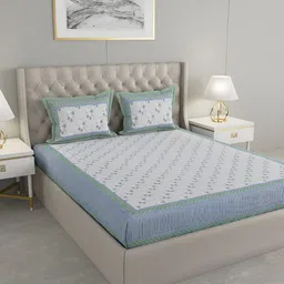 PATRICKO White & Blue Floral Cotton 400 TC King Bedsheet With 2 Pillow Covers-picture-11