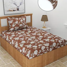 MORADO Coffee Brown & White Printed Fitted 210 TC Single Bedsheet with 1 Pillow Cover-image-98