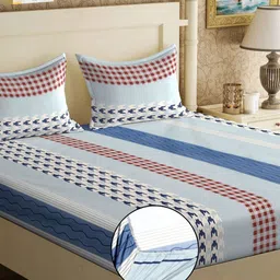 KLOTTHE White & Blue Geometric 300 TC Fitted Double King Bedsheet With 2 Pillow Covers-image-73