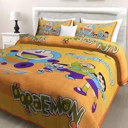 POORAK Yellow & Blue Cartoon Characters 104 TC Queen Bedsheet with 2 Pillow Covers-image-96