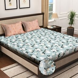 KLOTTHE Green & Pink Floral Printed 300TC Super King Fitted Bedsheet With 2 Pillow Covers-picture-17
