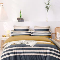 Laying Style Yellow & Grey Striped 160 TC Cotton Queen Bedsheet with 2 Pillow Covers-image-43
