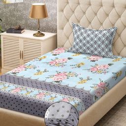 KLOTTHE Blue & Pink Floral Printed 300TC Fitted Single Bedsheet & Pillow Cover-6