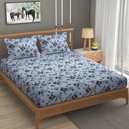 Florida Grey & Black Geometric 120 TC Flat Pure Cotton Queen Bedsheet With 2 Pillow Covers-image-53