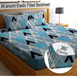 RISING STAR Blue Geometric Microfiber 350 TC Fitted King Bedsheet With 2 Pillow Covers-image-45