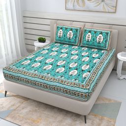 PATRICKO Teal Floral Cotton 210 TC Queen Size Double Bedsheet with 2 Pillow Covers-image-55