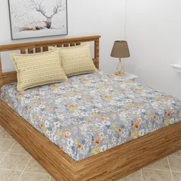 MORADO Safron Grey & Green Floral Printed 210 TC King Bedsheet With 2 Pillow Covers-16