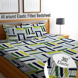 RISING STAR White & Green Geometric 250 TC Fitted King Bedsheet with 2 Pillow Covers-6