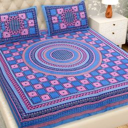 PATRICKO Teal & Pink Ethnic Motifs Cotton 210 TC Queen Bedsheet with 2 Pillow Covers-image-90