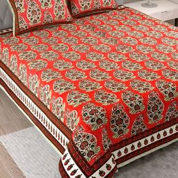 Aura Orange & Green Ethnic Motifs Pure Cotton 180 TC King Bedsheet with 2 Pillow Covers-image-37